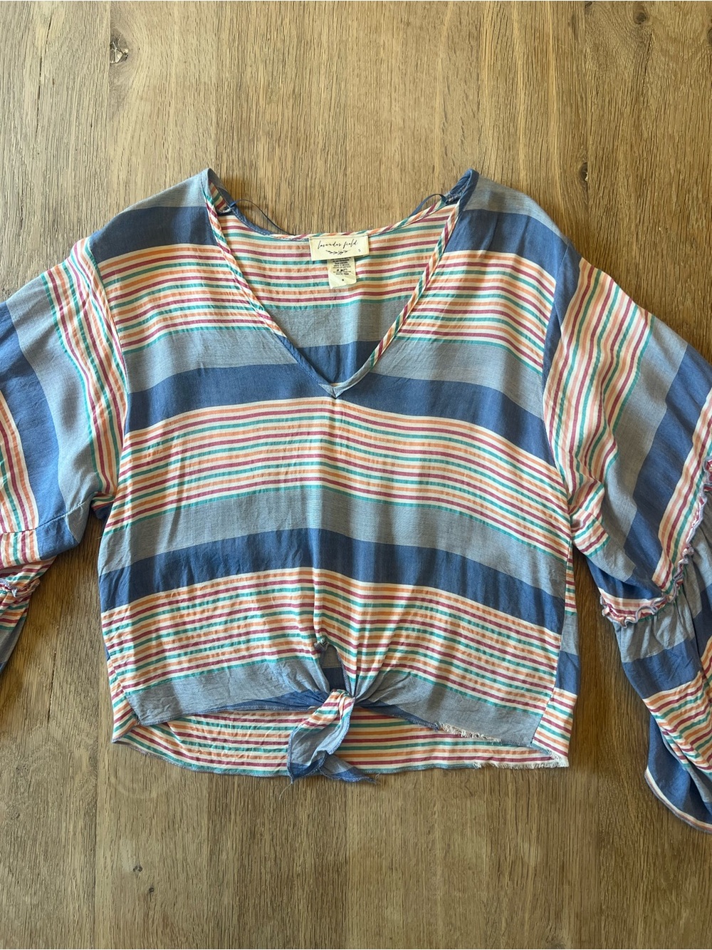 lavender field Blue & Multicolor Striped Bell-Sleeve Crop Top
